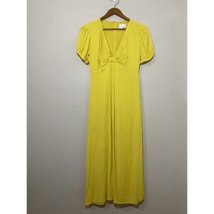 Line And Dot Dress Womens SMALL‎ Yellow Short Sleeve Crinkled Slit V Neck Midi